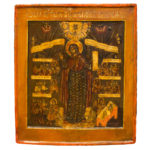 Icona russa XVIII secolo della Madre di Dio d’Aiuto, con supplici e scene di intercessione su fondo in levkas.