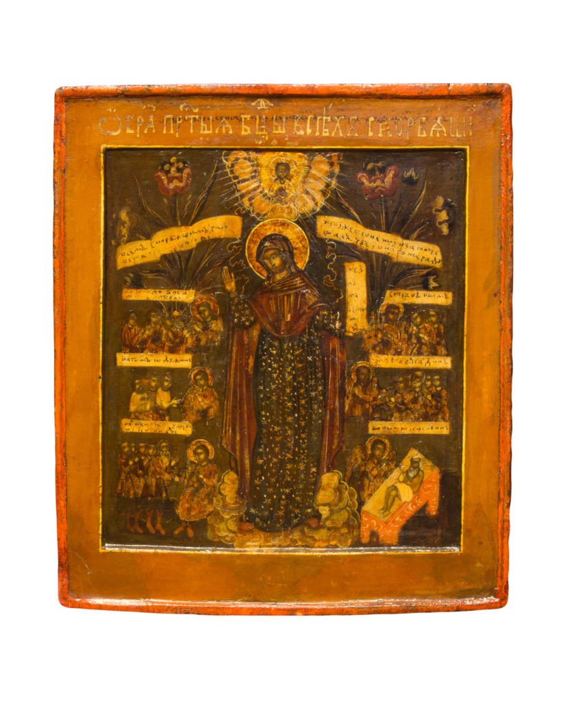 Icona russa XVIII secolo della Madre di Dio d’Aiuto, con supplici e scene di intercessione su fondo in levkas.