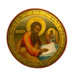 Icona russa dell’Evangelista Matteo, XIX secolo, tempera su tavola rotonda con aureola e angelo.