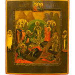 Icona russa Rex e Discesa, XIX secolo, Cristo nella mandorla che solleva Adamo ed Eva, scena con Trinità in alto, scuola di Guslizy.