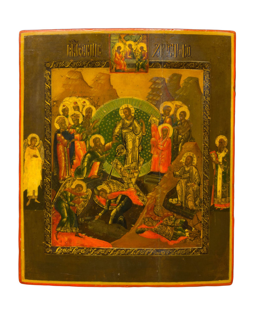Icona russa Rex e Discesa, XIX secolo, Cristo nella mandorla che solleva Adamo ed Eva, scena con Trinità in alto, scuola di Guslizy.
