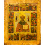 Icona russa di San Nicola con Vita, XIX secolo, scuola di Palech, fondo dorato con 16 scene agiografiche.