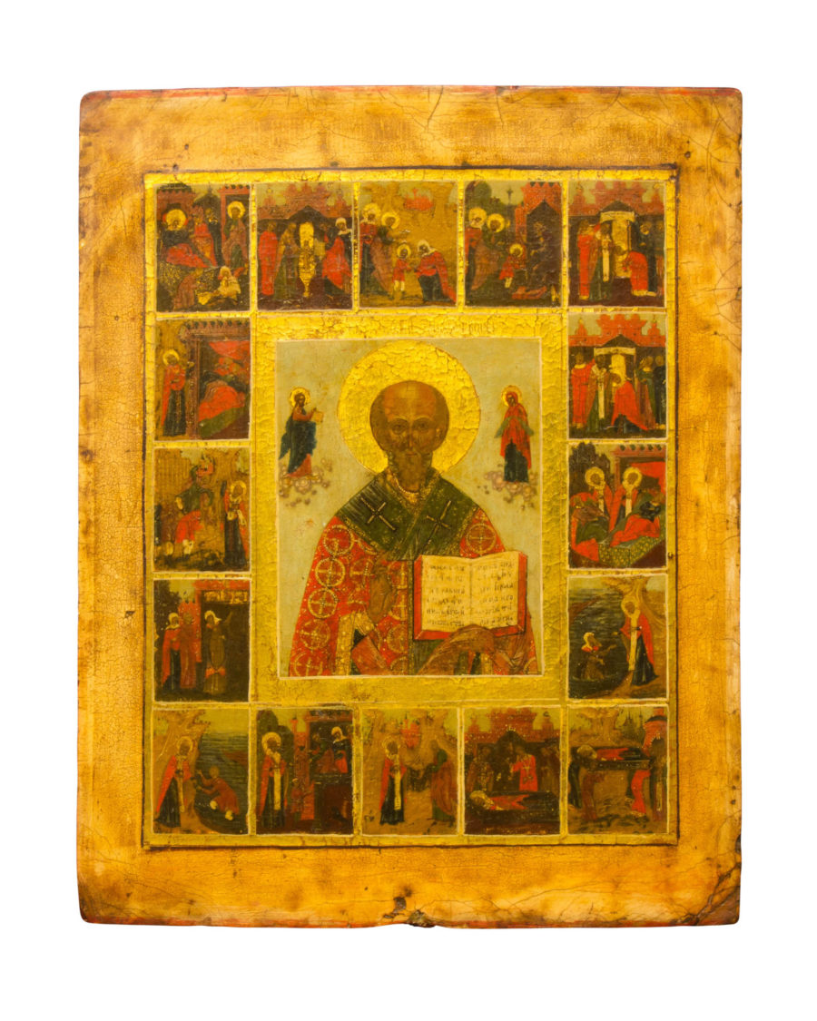 Icona russa di San Nicola con Vita, XIX secolo, scuola di Palech, fondo dorato con 16 scene agiografiche.