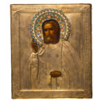 Icona di San Serafino di Sarov, XX sec., con riza in argento e smalti, stile accademico, Russia centrale.