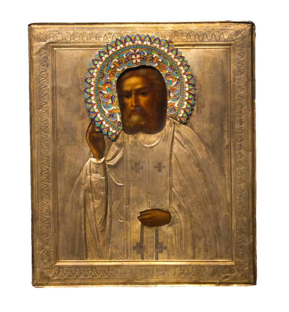 Icona di San Serafino di Sarov, XX sec., con riza in argento e smalti, stile accademico, Russia centrale.