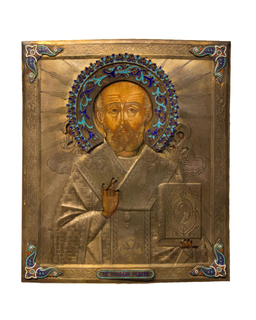 Icona russa San Nicola, XIX secolo, argento e smalti cloisonné