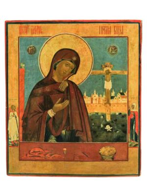 Il prototipo di questa icona fu trovato sulle sponde del fiume vicino alla città di Akhtyrsk, nella Russia del Sud. L 'icona si ispira a fonti occidentali e proviene appunto da una regione della Russia confinante con paesi latini. La tipologia iconografica prende il nome di «Madre di Dio di Achtyrka» dalla località in cui l'icona apparve, secondo la tradizione, il 2 luglio dell'anno 1739. L'icona venne proclamata miracolosa nel 1751 e nel 1768 l'imperatrice Elizaveta Petrovna commissionò all'architetto Rastrelli, autore di molte straordinarie opere architettoniche della capitale, una grandiosa cattedrale dedicata alla Protezione della Vergine nella stessa località dell'apparizio¬ne, ad Achtyrka. L'icona, meta di numerosi pellegrinaggi per le sue doti taumaturgiche, andò perduta nel 1917, nelle vicende rivoluzionarie.