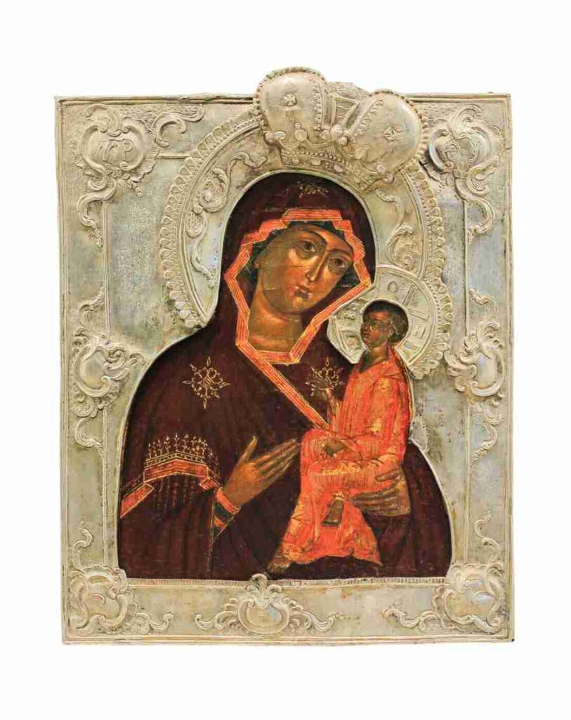 icona russa Madre di Dio di Tichvin 1771 con basma in argento 1832