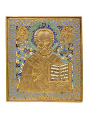 Icona dettagliata di San Nicola di Myra in bronzo e smalti, raffigurante il santo in vesti vescovili con aureola, simbolo di saggezza e protezione.