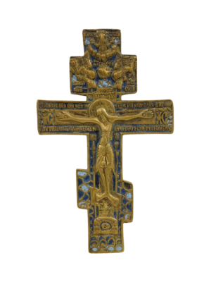 Croce in bronzo con smalti dei Vecchi Credenti russi, emblema di fede antica e ricca tradizione artistica.
