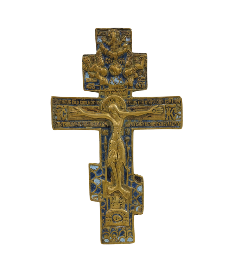 Croce in bronzo con smalti dei Vecchi Credenti russi, emblema di fede antica e ricca tradizione artistica.