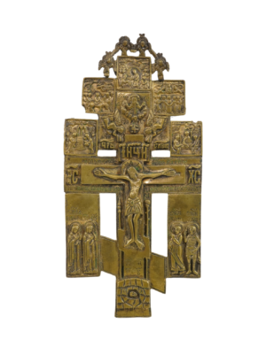 Croce dei Patriarchi con Feste in bronzo e smalti, un'opera d'arte ricca di simbolismo e dettagli vibranti.