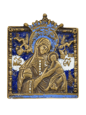 Icona Madre di Dio della Passione in bronzo e smalti, espressione di fede e maestria artistica russa.