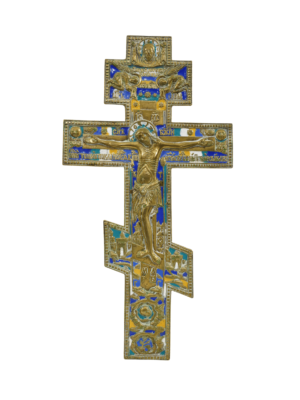 Croce artistica in bronzo e smalti, fusione di spiritualità e tradizione artigianale sacra.