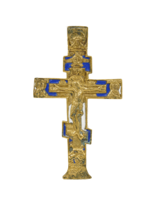 Croce pettorale in bronzo e smalti, gioiello di arte sacra che incarna devozione e tradizione cristiana.