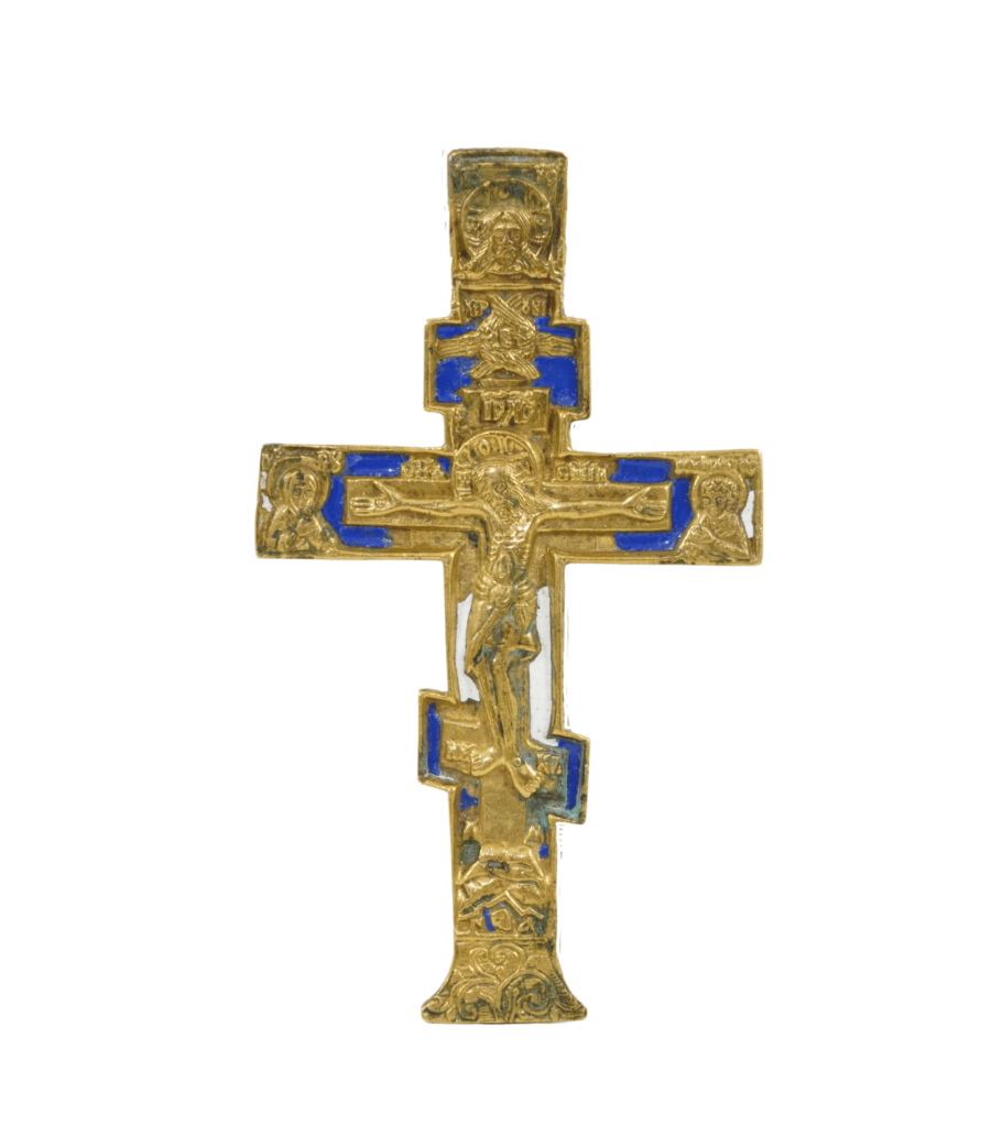 Croce pettorale in bronzo e smalti, gioiello di arte sacra che incarna devozione e tradizione cristiana.