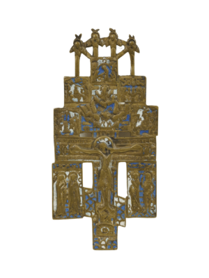 Croce celebrativa in bronzo e smalti, rappresentante le feste cristiane con dettagli colorati e arte squisita.
