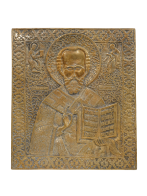 Icona in bronzo di San Nicola, rappresentazione duratura del patrono della generosità e della guida spirituale.