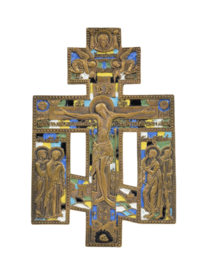 Croce da Kiot in bronzo e smalti, emblema di devozione e arte sacra ortodossa.