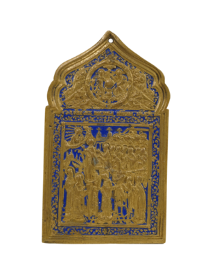 Icona del Pokrov in bronzo e smalti, simbolo di protezione e grazia divina, realizzata con arte sacra dettagliata.