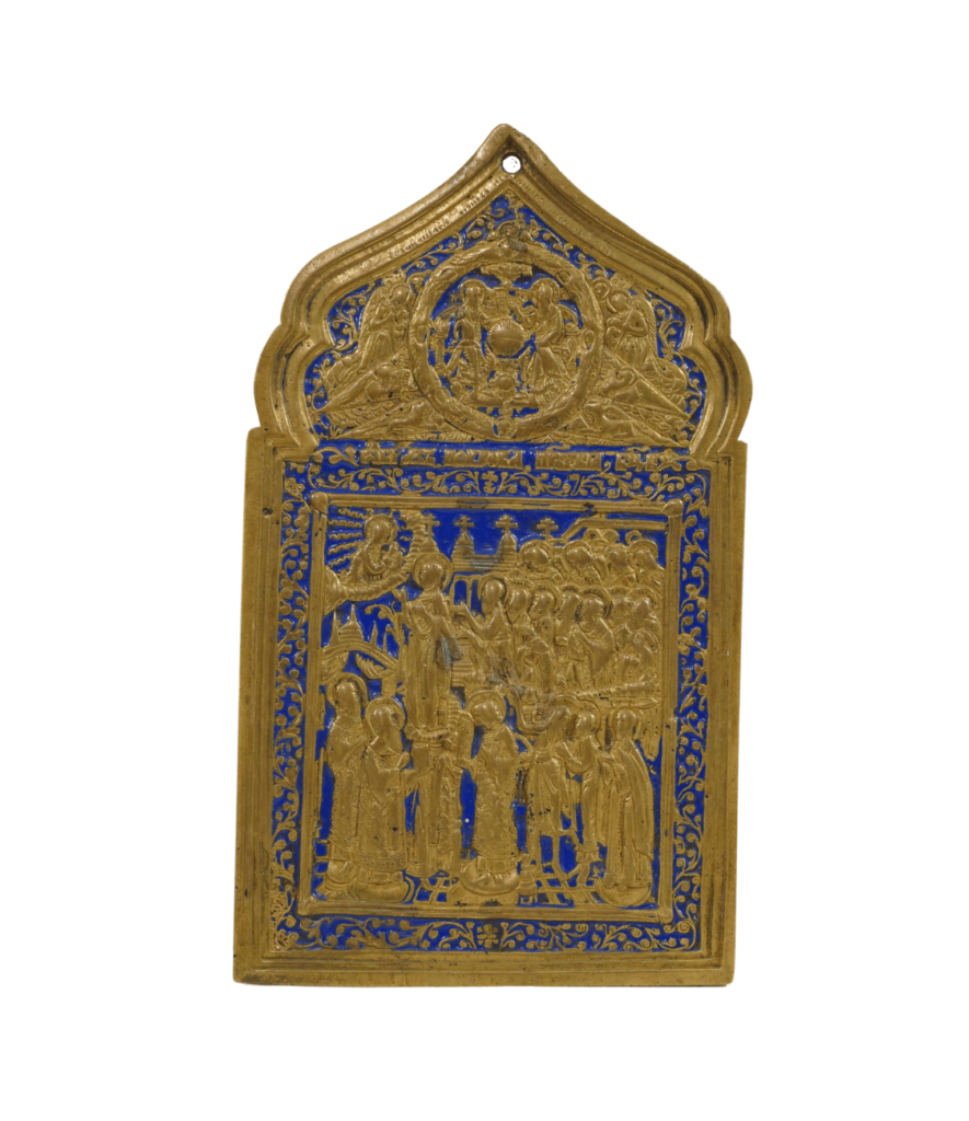 Icona russa Pokrov in bronzo smaltato con Trinità del Nuovo Testamento, Vecchi Credenti, XIX secolo