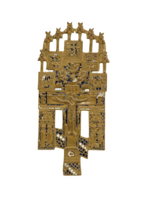 Croce con le Feste in bronzo e smalti, rappresentazione vibrante delle tradizioni cristiane e arte sacra.