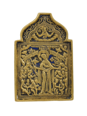 Icona della Madre di Dio Gioia degli Afflitti in bronzo e smalti, simbolo di speranza e consolazione divina.