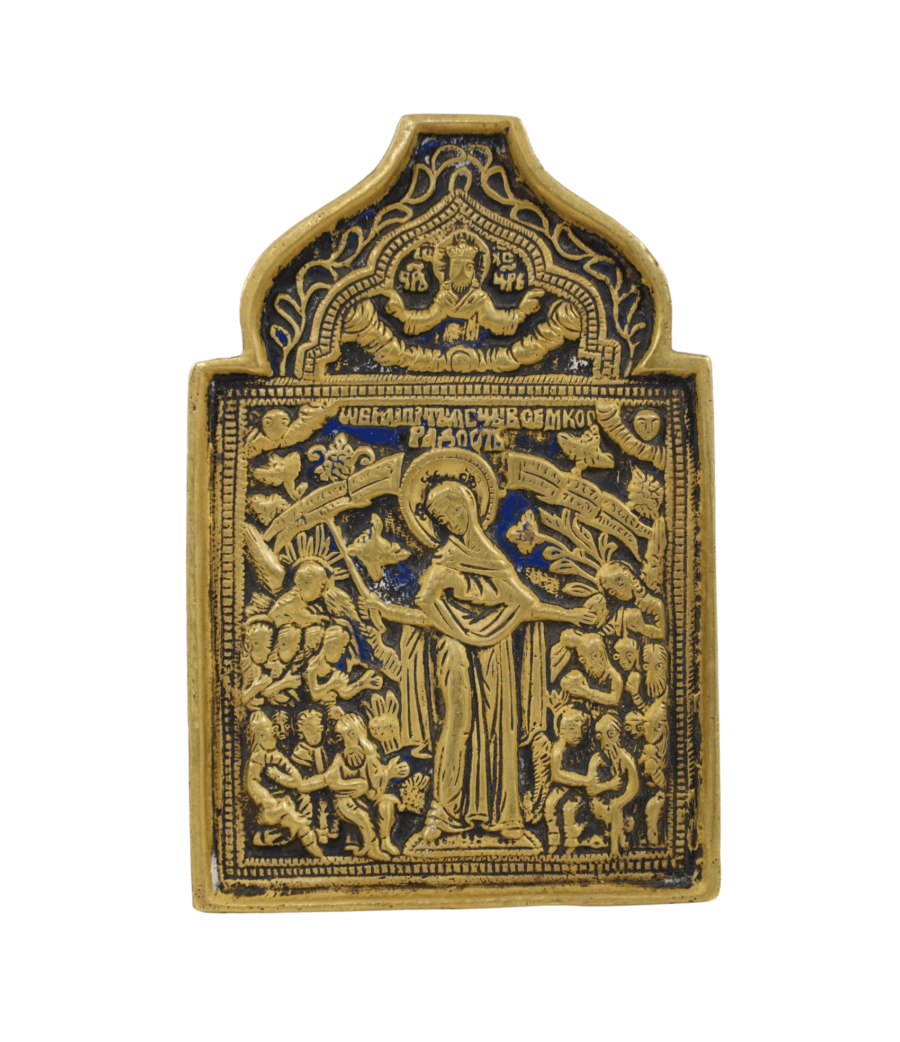 Icona della Madre di Dio Gioia degli Afflitti in bronzo e smalti, simbolo di speranza e consolazione divina.