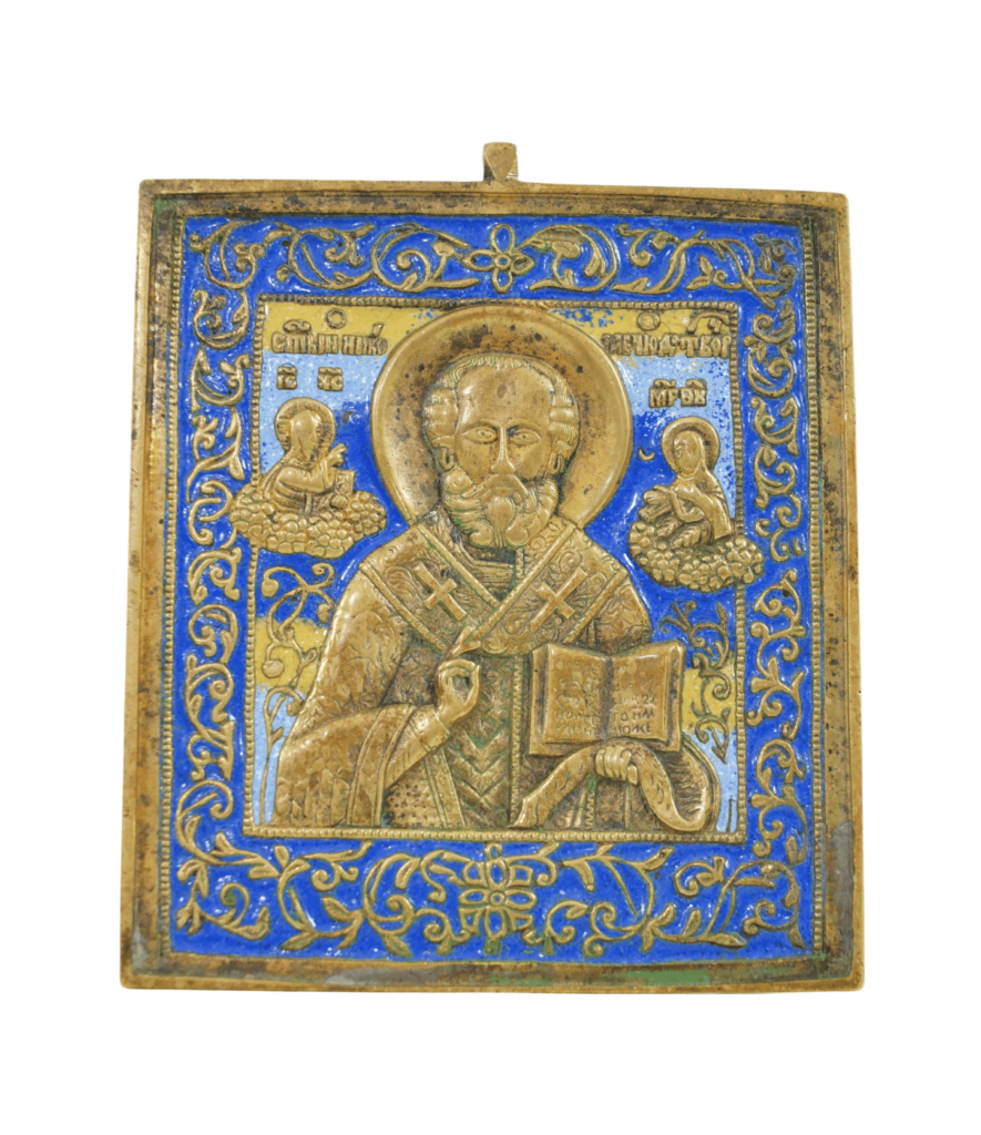 Icona “San Nicola” in bronzo e smalti, XIX secolo, Vecchio Credenti: santo benedicente con Vangelo, Cristo e Vergine nei cantonali, cornice blu cobalto, 11,5×9,8 cm