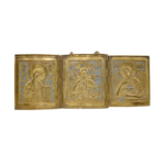 Trittico Deesis in bronzo e smalti, XIX secolo, Vecchi Credenti: Cristo Pantocrator al centro con Vangelo, Vergine e Battista in preghiera, 16×38,7 cm