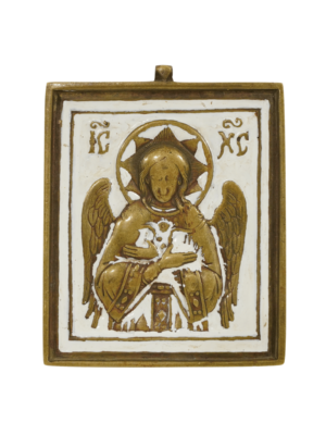 Icona dell'Angelo del Buon Consiglio in bronzo e smalti, simbolo di guida e ispirazione spirituale con dettagli vibranti.