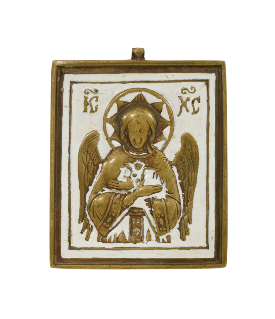 Icona dell'Angelo del Buon Consiglio in bronzo e smalti, simbolo di guida e ispirazione spirituale con dettagli vibranti.