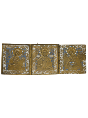 Trittico Deesis in bronzo e smalti, rappresentazione sacra di intercessione con dettagli intricati e colori brillanti