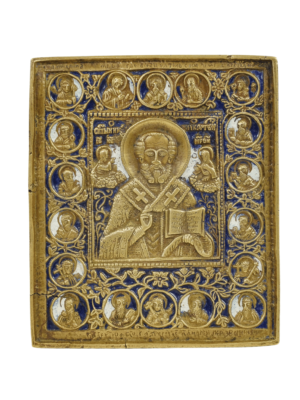 Icona di San Nicola con Santi Eletti in bronzo e smalti, celebrazione visiva di guida e protezione divine.