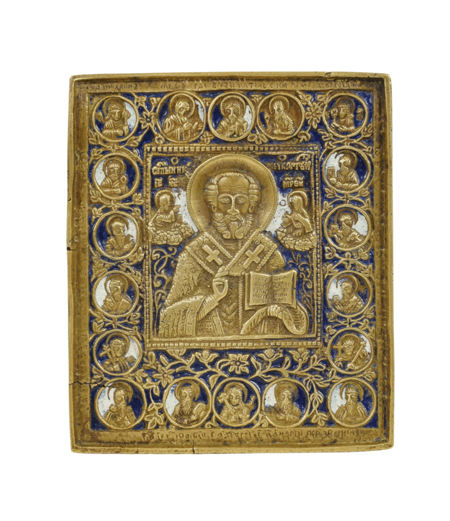Icona di San Nicola con Santi Eletti in bronzo e smalti, celebrazione visiva di guida e protezione divine.