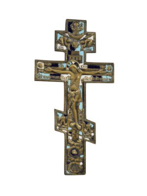 Croce artistica in bronzo e smalti, fusione di fede e arte con dettagli vibranti e simbolismo sacra.