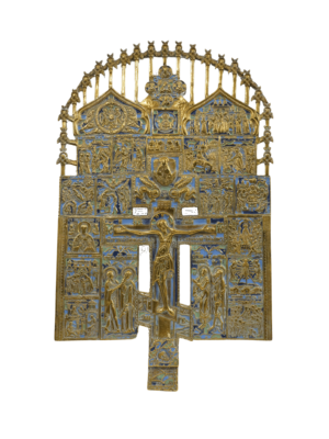 Croce dei Patriarchi in bronzo e smalti, simbolo di guida spirituale e tradizione cristiana, con dettagli ricchi e colorati.