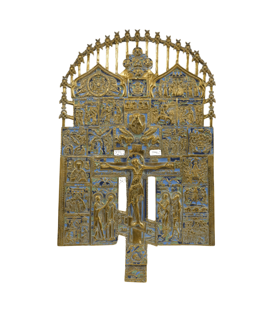 Croce dei Patriarchi in bronzo e smalti, simbolo di guida spirituale e tradizione cristiana, con dettagli ricchi e colorati.