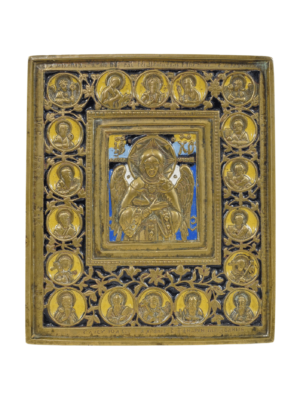 Icona del Beato Silenzio con la Deesis e Santi Eletti in bronzo e smalti, fusione di contemplazione e sacra bellezza.