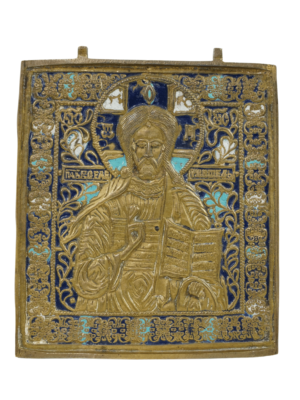 Icona del Pantocrator in bronzo e smalti, rappresentazione artistica della divinità con dettagli maestosi e colori intensi.