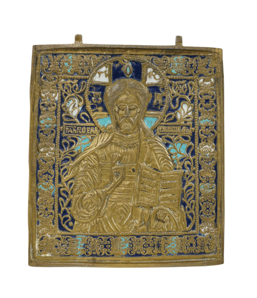 Icona del Pantocrator in bronzo e smalti, rappresentazione artistica della divinità con dettagli maestosi e colori intensi.