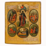 Icona russa San Metodio con scene di vita, fine XVIII secolo, Russia centrale: santo a figura intera con rotolo, Cristo in alto e cinque ovali agiografici, 34×29,5 cm