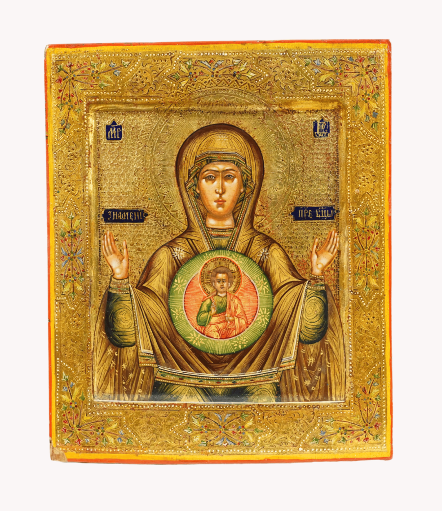 Icona sacra della Madre di Dio del Segno, rappresentazione di protezione e speranza celestiale, disponibile su Artenetworkicone.it
