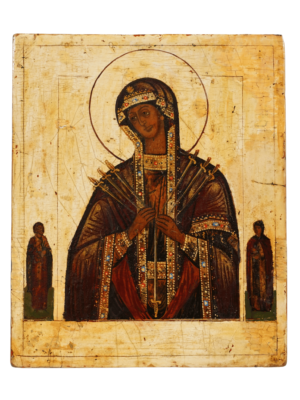 Icona della Madre di Dio dalle Sette Spade, espressione di dolore materno e forza spirituale, disponibile su Artenetworkicone.it