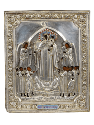 Icona della Madre di Dio d'Aiuto in argento e smalti, gioiello dell'arte sacra russa del tardo XIX secolo, punzonato Mosca, disponibile su Artenetworkicone.it