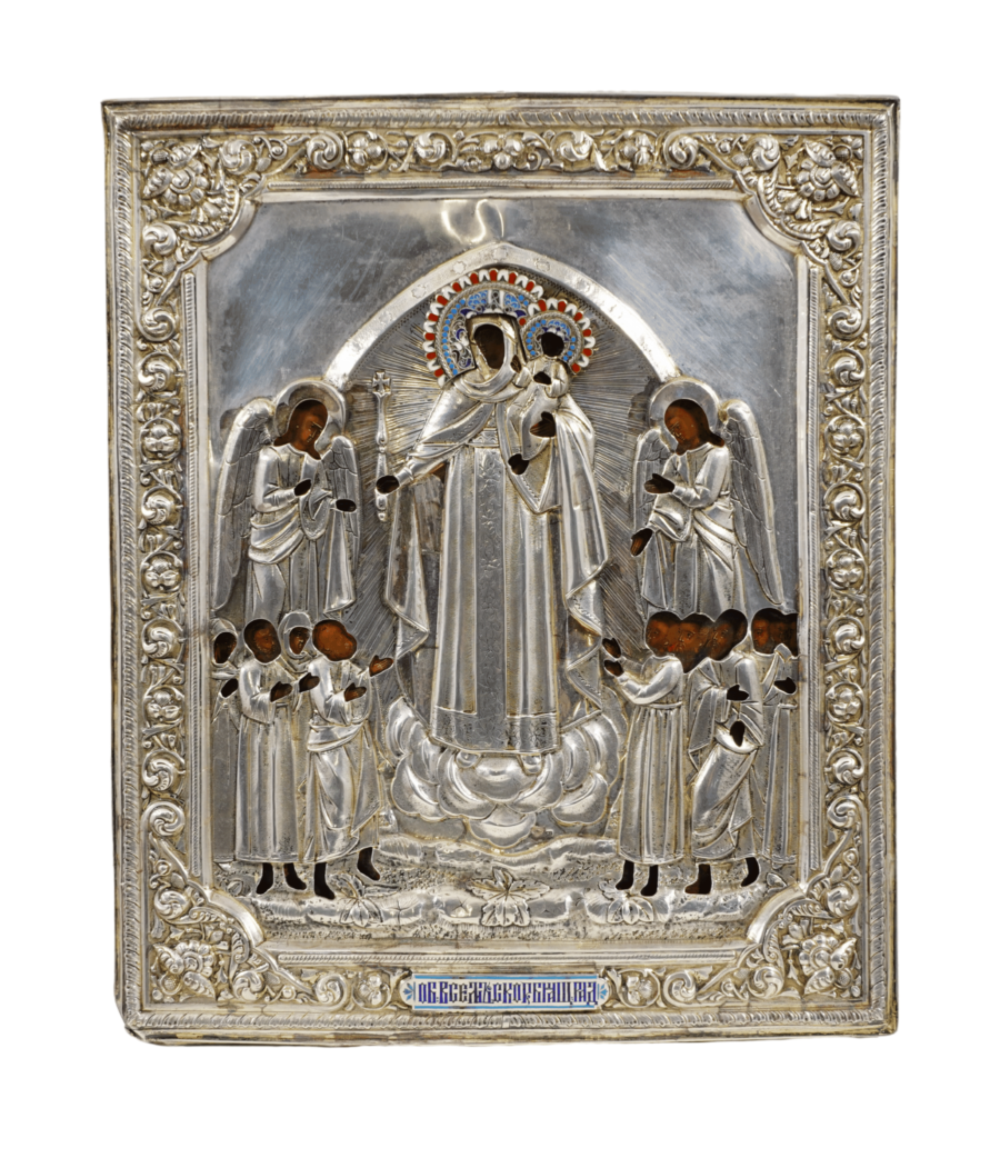 Icona della Madre di Dio d'Aiuto in argento e smalti, gioiello dell'arte sacra russa del tardo XIX secolo, punzonato Mosca, disponibile su Artenetworkicone.it
