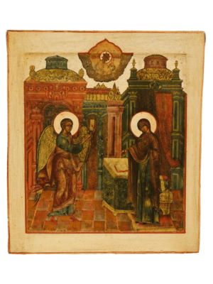 Icona dell'Annunciazione, celebrazione dell'inizio della salvezza e della grazia divina, disponibile su Artenetworkicone.it