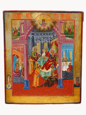 Icona della Nascita della Vergine, disponibile su Artenetworkicone.it, che raffigura il momento sacro con dettagli intricati e colori vibranti.