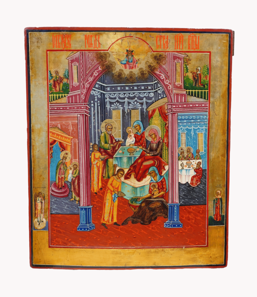 Icona russa Nascita della Vergine, Vetka fine XVIII secolo: sant’Anna, Gioacchino, levatrici che lavano la neonata, banchetto e annunci angelici, tempera su tavola 45×38 cm