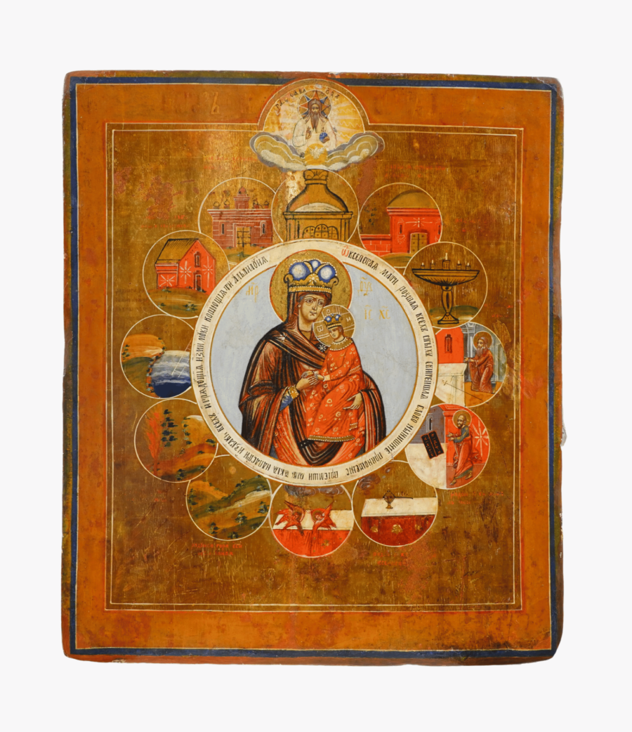 Illustrazione dell'icona della Madre di Dio Esaltata da Tutti, circondata da simboli delle profezie, disponibile su Artenetworkicone.it.